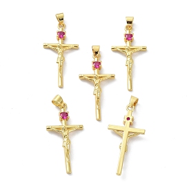 Brass Cubic Zirconia Pendants, Long-Lasting Plated, Lead Free & Cadmium Free, Real 18K Gold Plated, Cross with Jesus