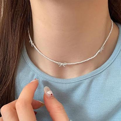 925 Женские ожерелья-банты из стерлингового серебра и искусственного жемчуга