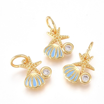 Brass Charms, with Micro Pave Cubic Zirconia, Enamel and Jump Rings, Starfish with Scallop