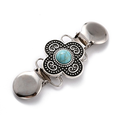 Vintage Alloy Cardigan Clips, Sweater Collar Clip, with Turquoise, Flower, Antique Silver