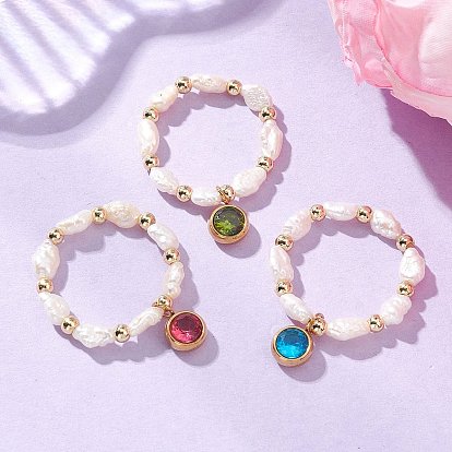 3колец из натурального культивированного пресноводного жемчуга, эластичных, для пальцев, с 304 круглыми подвесками из нержавеющей стали, инкрустированными микрофиброй., реальный 18 k позолоченный