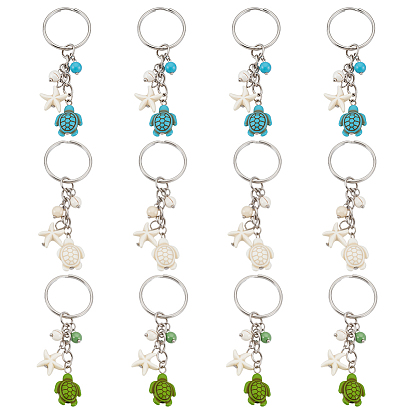12шт 3 стиль синтетические бирюзовые брелки, с железными кольцами, черепаха с морской звездой, платина