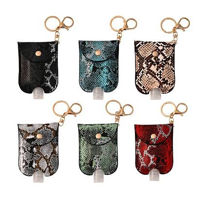 Plastic Hand Sanitizer Bottle with PU Leather Cover, Portable Travel Squeeze Bottle Keychain Holder, Snake Skin/Leopard Print Pattern