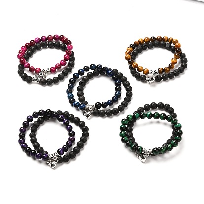 Heart Alloy Charm Stretch Bracelets Set for Couples, Aromatherapy Essential Oil Diffuser Bracelets with Natural Tiger Eye(Dyed) & Natural Lava Rock