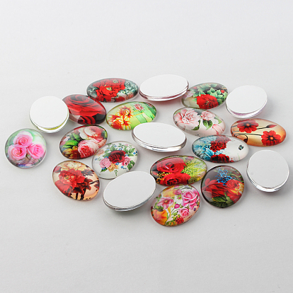 Multi-Color Flower Theme Ornaments Glass Oval Flatback Cabochons