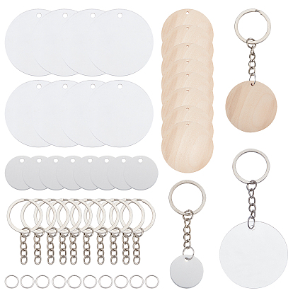 100Pcs DIY Flat Round Keychain Making Kits, Including 30Pcs Aluminum & Acrylic & Wood Blank Tags Pendants, Iron Jump Rings & Split Key Rings