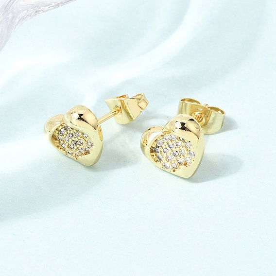 Brass Micro Pave Cubic Zirconia Stud Earrings for Women, Heart