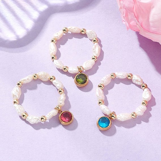 3колец из натурального культивированного пресноводного жемчуга, эластичных, для пальцев, с 304 круглыми подвесками из нержавеющей стали, инкрустированными микрофиброй., реальный 18 k позолоченный