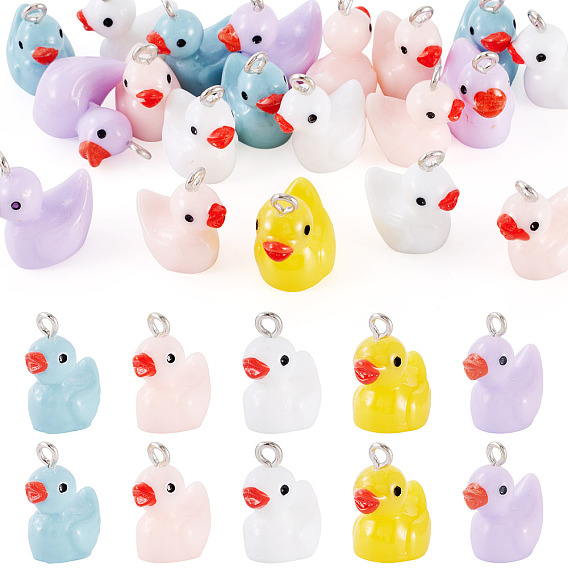 20Pcs Opaque Resin Pendants, Duck Charm, with Platinum Iron Loop