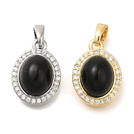 Brass Micro Pave Cubic Zirconia and Glass Pendants, Oval with Cabochon Charms, with Jump Ring