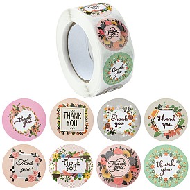 8 Patterns Paper Thank You Sticker Rolls, Round Dot Floral Decals, for Envelope, Gift Bag, Card Sealing