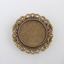 Vintage Alloy Brooch Cabochon Bezel Settings, with Iron Pin Brooch Back Bar Findings, Flat Round, Cadmium Free & Nickel Free & Lead Free, Tray: 25mm, 39x2mm, Pin: 0.6mm