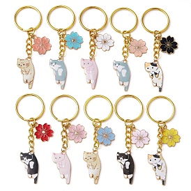 Alloy Enamel Pendants Keychain, with Iron Split Key Rings, Cat with Sakura Flower