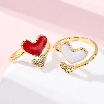 Латунные кольца-манжеты с микропаве и прозрачным цирконием для женщин, сердце, с эмалью, стойки покрытие, без кадмия и без свинца, долговечный, реальный 18 k позолоченный