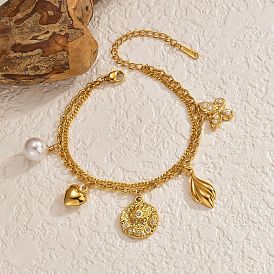 304 Edelstahl-Armband mit Schmetterlings- und Blumenanhänger aus Strasssteinen und Imitationsperlen 2-reihig für Damen, weiß