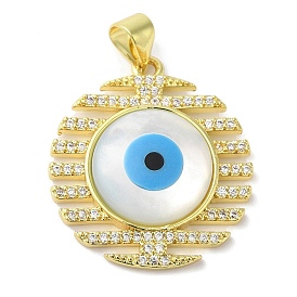Rack Plating Brass Micro Pave Cubic Zirconia Pendants, with Shell, Long-Lasting Plated, Lead Free & Cadmium Free, Flat Round with Evil Eye