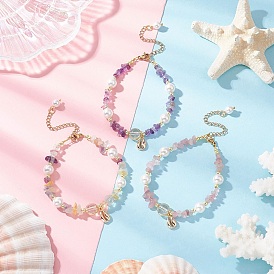 3Pcs Natural Quartz Crystal & Rose Quartz & Fluorite & Amethyst Chip Beaded Bracelsets, Brass Cowrie Shell Charm Bracelsets, with Shell Pearl & Electroplate Non-magnetic Synthetic Hematite
