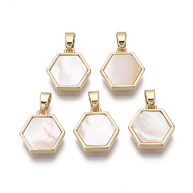 Brass Charms, with Freshwater Shell, Nickel Free, Real 18k Gold Plated, Hexagon