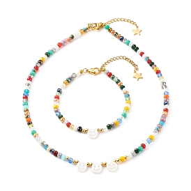 Electroplate Glass Beads Bracelets & Electroplate Glass Beads Necklace Set, with Electroplate Glass Beads & Natural Freshwater Shell Beads, with 304 Stainless Steel Lobster Claw Clasps