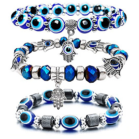Blue Eye Elastic Beaded Bracelet with Fatima Hand Crystal for Men and Women