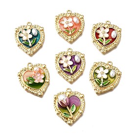 Подвески из эмали и сплава, с ABS имитации жемчуга, Сердце со цветками , стойки покрытие, долговечный, без свинца, без кадмии и без никеля, золотые