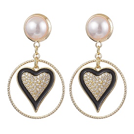 Brass Eamel with Micro Pave Clear Cubic Zirconia with ABS Plastic Imitation Pearl Beads Stud Dangle Earrings, Heart