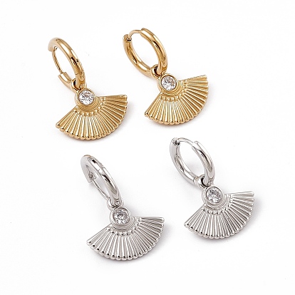 Clear Cubic Zirconia Fan Dangle Hoop Earrings, 304 Stainless Steel Jewelry for Women