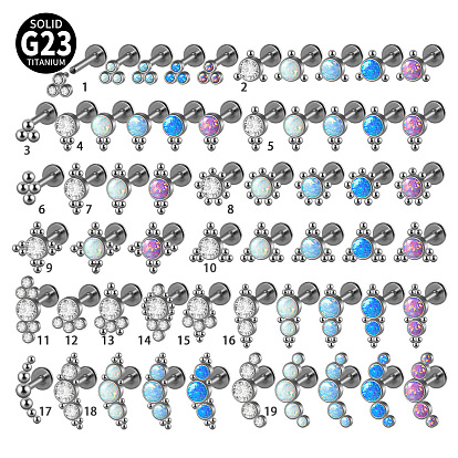 G23 титановые безрезьбовые лабреты, с имитацией опал, цвет нержавеющей стали