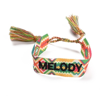 Word Melody Polycotton(Polyester Cotton) Braided Bracelet with Tassel Charm, Flat Adjustable Wide Wristband for Couple