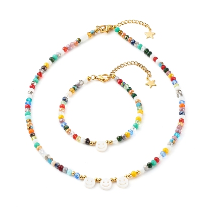 Electroplate Glass Beads Bracelets & Electroplate Glass Beads Necklace Set, with Electroplate Glass Beads & Natural Freshwater Shell Beads, with 304 Stainless Steel Lobster Claw Clasps