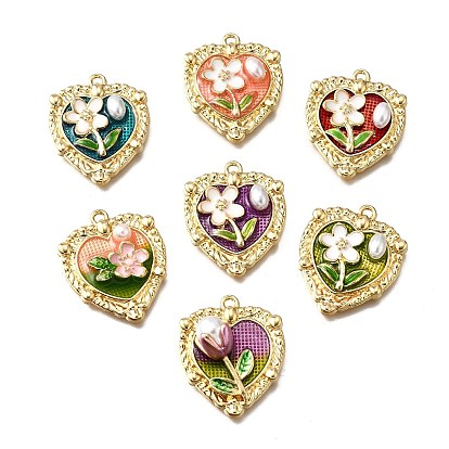 Подвески из эмали и сплава, с ABS имитации жемчуга, Сердце со цветками , стойки покрытие, долговечный, без свинца, без кадмии и без никеля, золотые