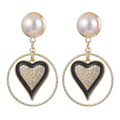 Brass Eamel with Micro Pave Clear Cubic Zirconia with ABS Plastic Imitation Pearl Beads Stud Dangle Earrings, Heart