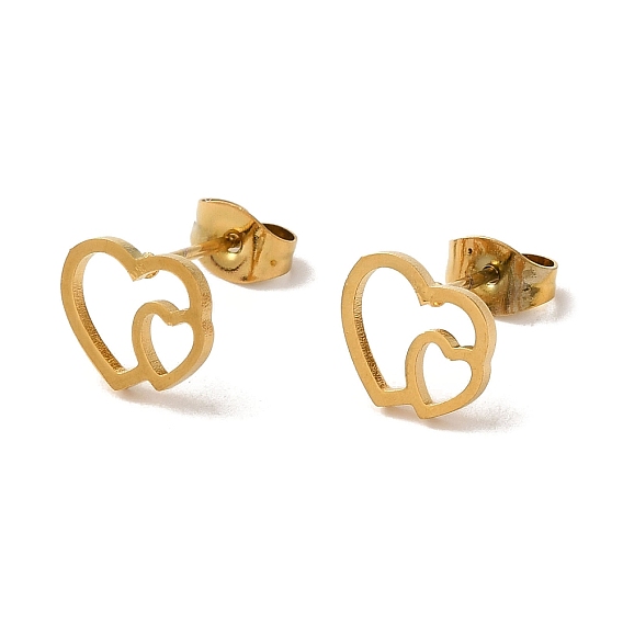PVD Vacuum Plating 304 Stainless Steel Stud Earrings, Hollow Heart