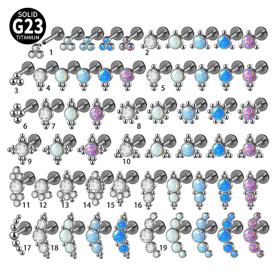 G23 титановые безрезьбовые лабреты, с имитацией опал, цвет нержавеющей стали