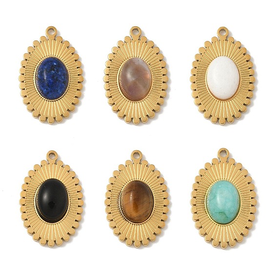 Природных драгоценных камней подвески, 304 из нержавеющей стали овальные амулеты, реальный 18 k позолоченный, ионное покрытие (ip)