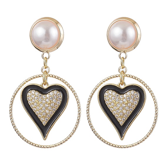 Brass Eamel with Micro Pave Clear Cubic Zirconia with ABS Plastic Imitation Pearl Beads Stud Dangle Earrings, Heart
