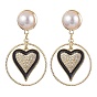Brass Eamel with Micro Pave Clear Cubic Zirconia with ABS Plastic Imitation Pearl Beads Stud Dangle Earrings, Heart