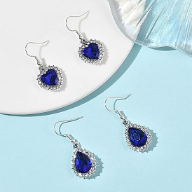 2 paires 2 styles boucles d'oreilles pendantes en alliage et strass, boucles d'oreilles en verre pour femmes, larme et coeur