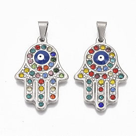 304 Stainless Steel Pendants, with Colorful Rhinestone,Iron Snap On Bails and Enamel, Hamsa Hand/Hand of Fatima/Hand of Miriam with Evil Eye
