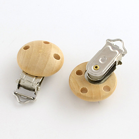 Madera titular chupete clip con broche de hierro, plano y redondo, 28x28 mm, agujero: 4 mm