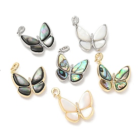 Brass Micro Pave Clear Cubic Zirconia Pendants, with Shell, Butterfly Charms