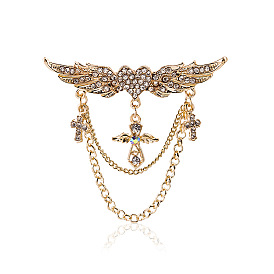 Angel Wing Cross Brooch with Tassel, Creative Heart Design Jewelry Pin