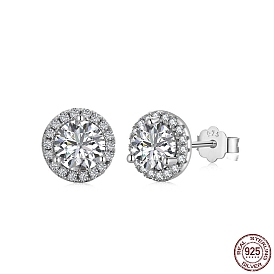 925 Sterling Silver Micro Pave Cubic Zirconia Ear Studs for Women, with S925 Stamp, Flat Round