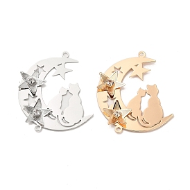 Brass Connector Charms with Crystal Rhinestone, Moon with Cat
