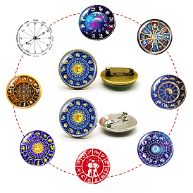 12 Constellations Glass Lapel Pin, Alloy Flat Round Badge for Backpack Clothes