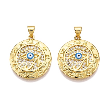 Brass Micro Pave Clear Cubic Zirconia Pendants, Enamel, Nickel Free, Flat Round with Eye of Horus