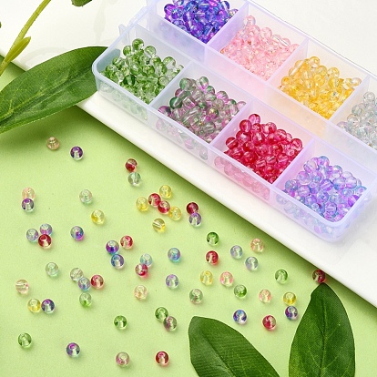 8 couleurs perles de verre peintes par pulvérisation transparent, avec une feuille d'or, ronde
