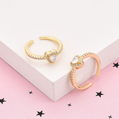 Латунные кольца-манжеты с микропаве и прозрачным цирконием для женщин, без кадмия и без свинца, сердце