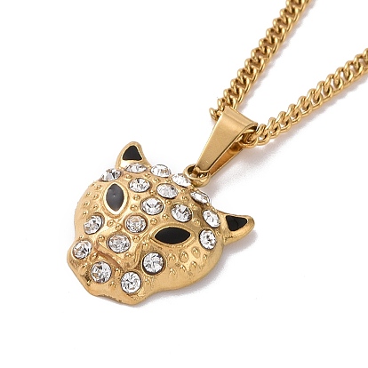 Crystal Rhinestone Leopard Pendant Necklace with Enamel, Ion Plating(IP) 304 Stainless Steel Jewelry for Women