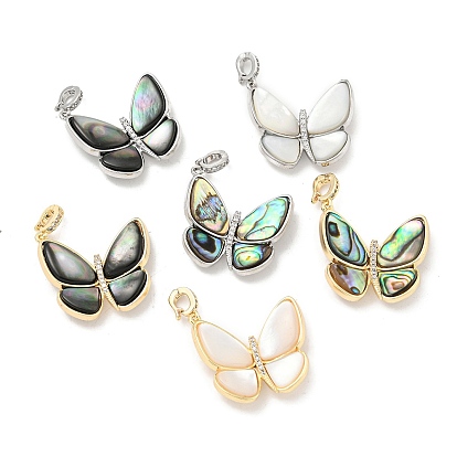 Brass Micro Pave Clear Cubic Zirconia Pendants, Cadmium Free & Nickel Free & Lead Free, with Shell, Butterfly Charms